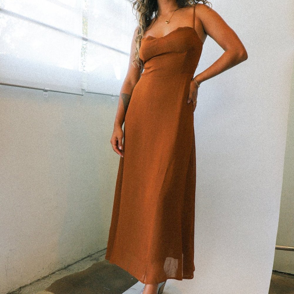 Ali Golden Copper Fitted Bodice Dress XS